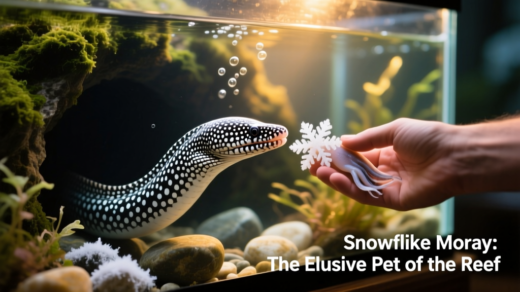 Hand offering frozen squid to a snowflake eel emerging from a cave in a home aquarium