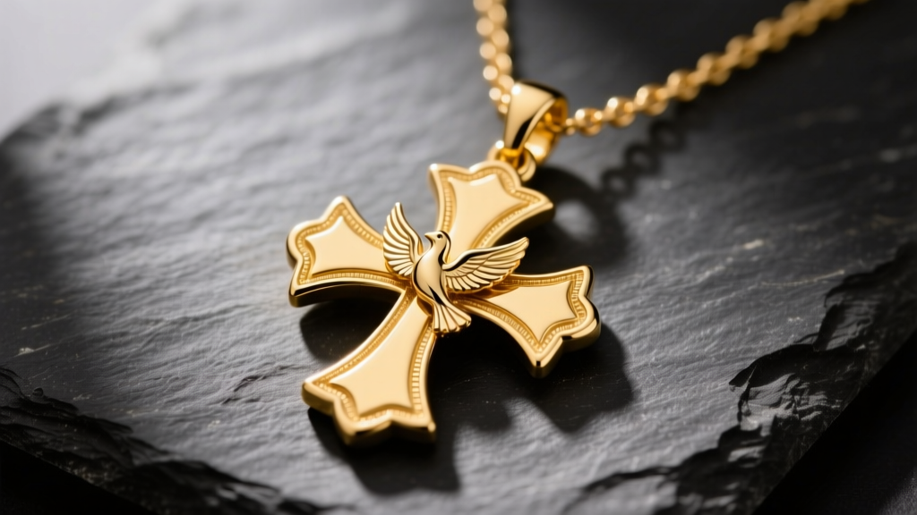 Macro shot of an 18k yellow gold Huguenot cross necklace on dark slate, highlighting the Maltese cross and dove pendant.