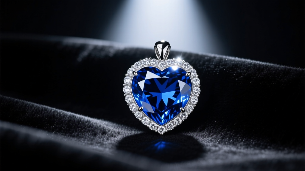Close-up of a blue sapphire heart pendant surrounded by a diamond halo, resting on dark velvet under dramatic, moody spotlighting.