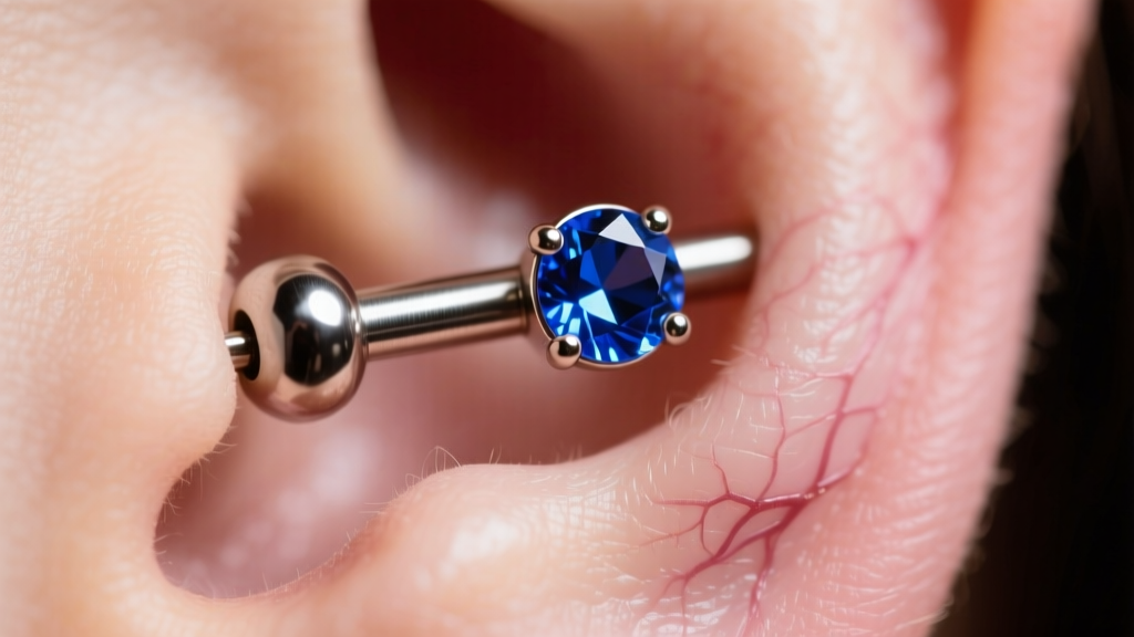 Macro shot of a 16-gauge titanium threadless end with a 2mm sapphire inserted into a healed helix piercing against blurred skin