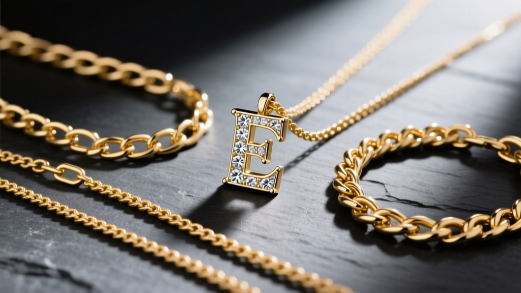 Flat lay of 4mm cuban, 3mm rope, and 5mm figaro gold chains next to a custom diamond letter pendant on a dark slate surface