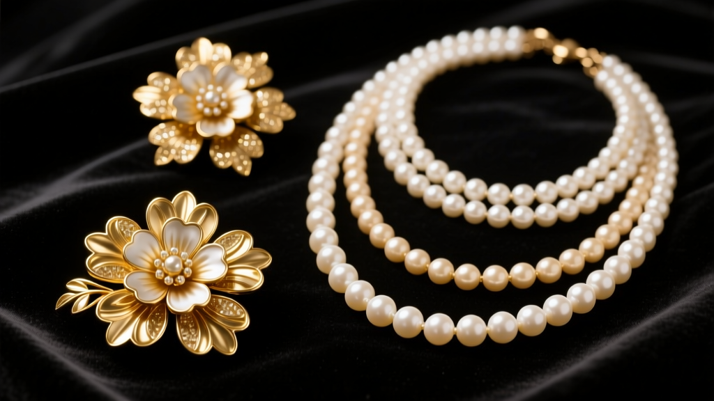 1970s vintage Avon gold-tone floral brooches and faux pearl necklaces on dark velvet under soft directional studio light.