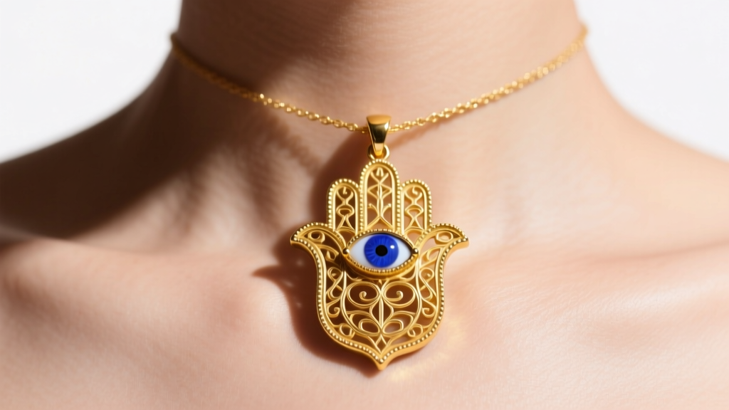 Macro shot of a 14k yellow gold Hamsa pendant featuring a central bezel-set lapis lazuli evil eye, resting on a bare collarbone