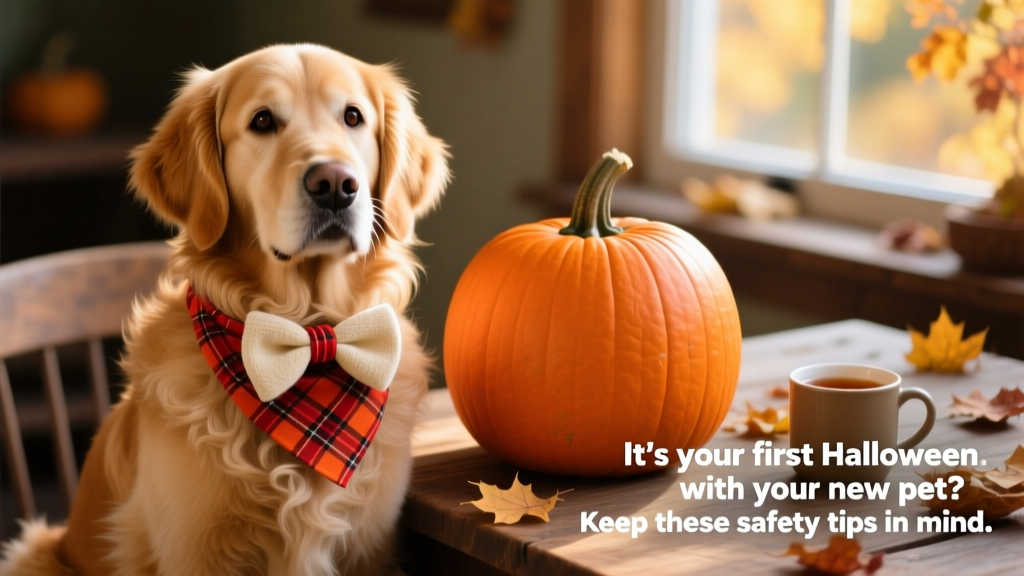 A dog wearing a cozy bow tie and festive bandana, sitting calmly beside a pumpkin