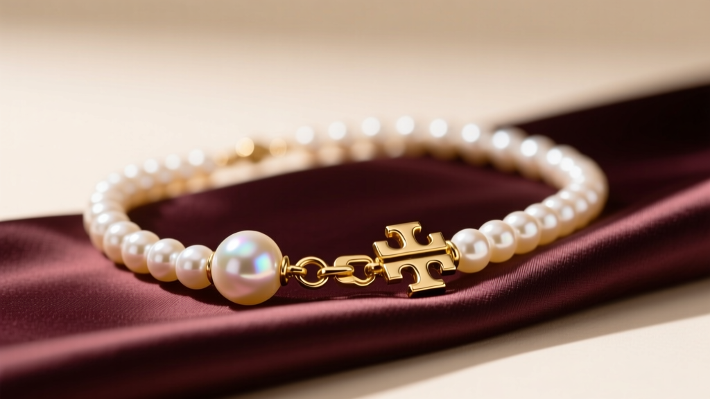 Close-up of a Tory Burch pearl necklace on silk, highlighting the gold-plated toggle clasp and luminous crystal pearl surface.