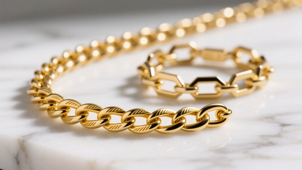 Macro shot of a flexible 14k yellow gold wheat chain next to a rigid herringbone chain on white marble surface, sharp focus
