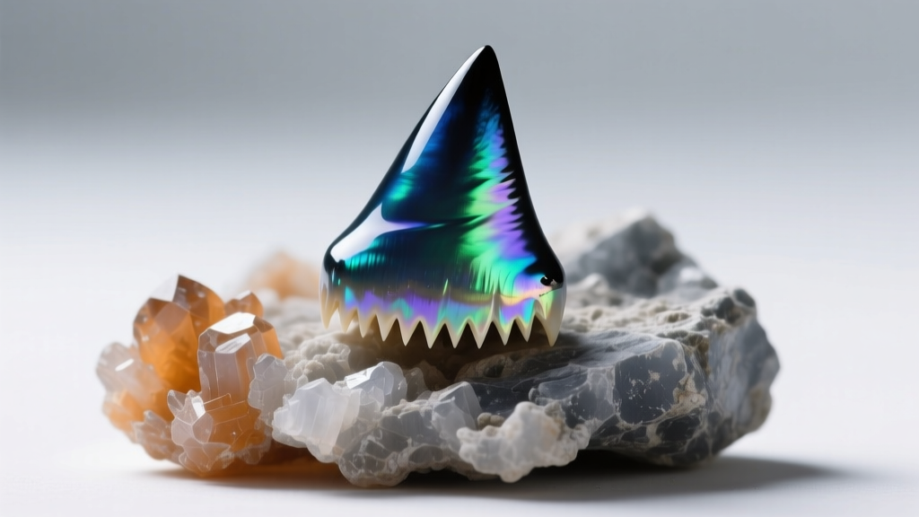 A symmetrical shortfin mako tooth with smooth enameloid resting beside raw phosphate rock under bright, diffused studio lighting.