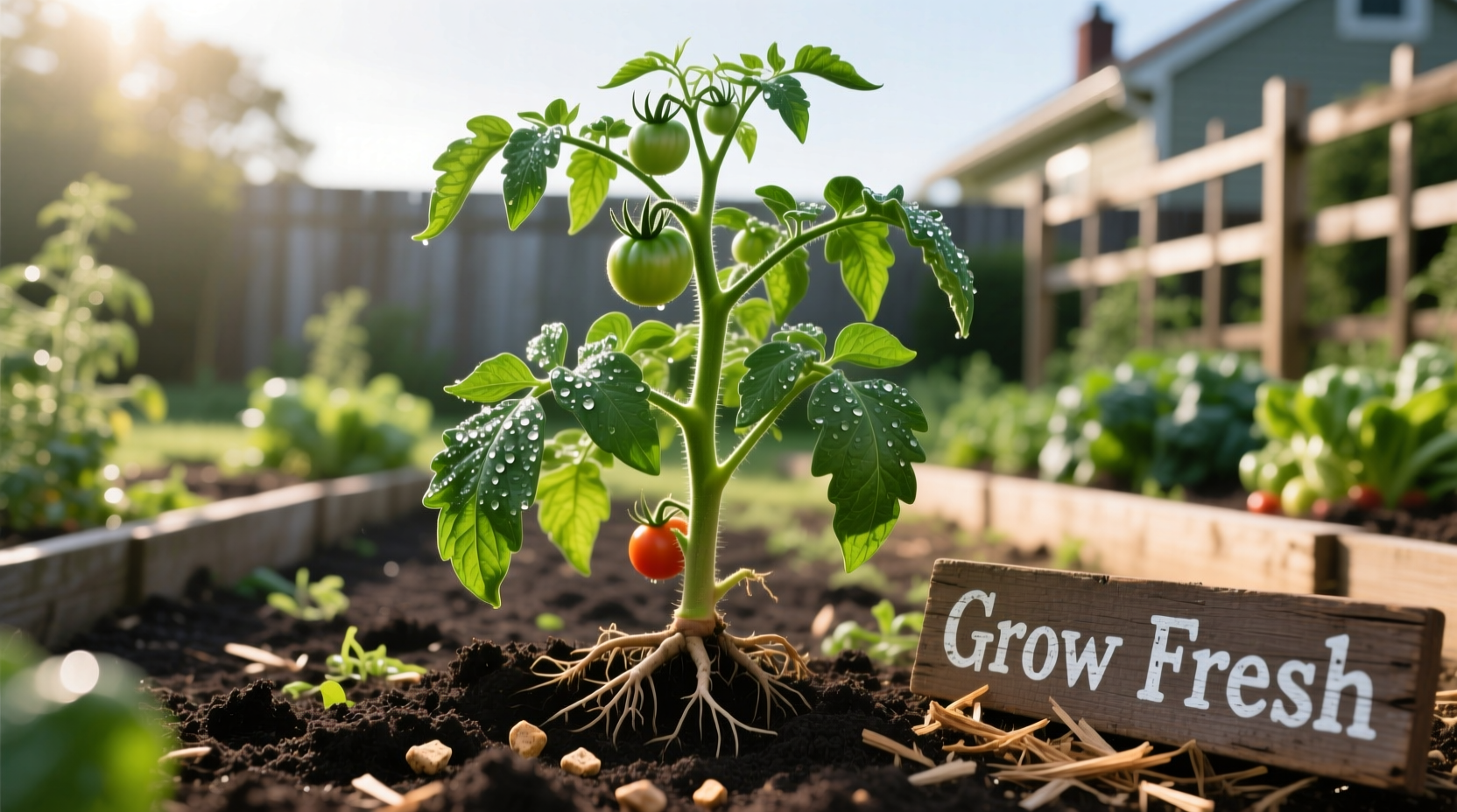 Healthy tomato plant growing in well-prepared garden soil