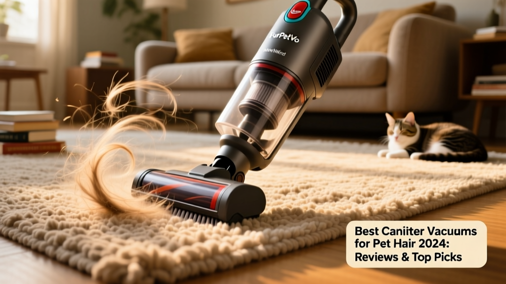 FurPetVo WhirlWind vacuum in use on a rug, with visible pet hair being lifted from the fibers