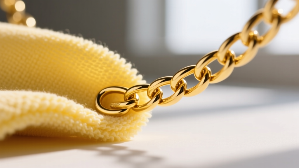 Macro shot of a lint-free microfiber cloth gently polishing an 18k gold vermeil chain link, highlighting the rich yellow texture.