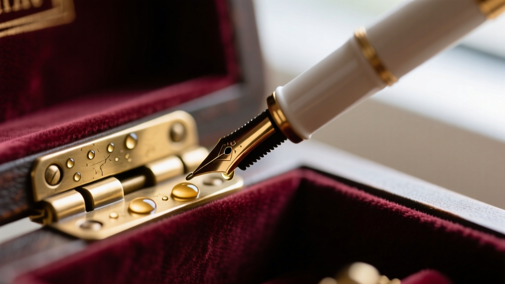 Macro shot of a brass book jewelry box hinge being lubricated with a PTFE pen, carefully avoiding the surrounding velvet lining