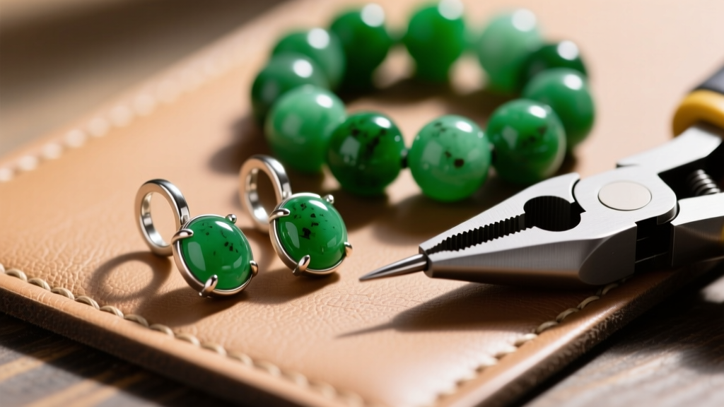Pair of 20-gauge niobium leverback findings resting next to vibrant green jade beads and a micro-crimping tool on a jeweler bench pad