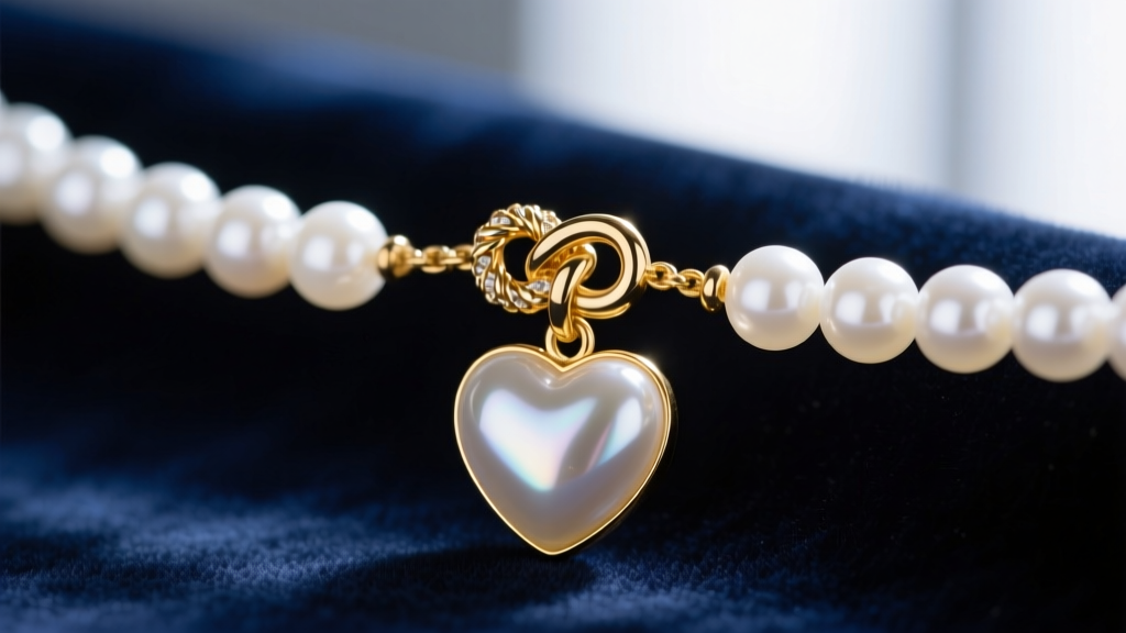 Macro shot of a hidden bail connecting a gold heart pendant to a knotted white freshwater pearl strand against dark blue velvet