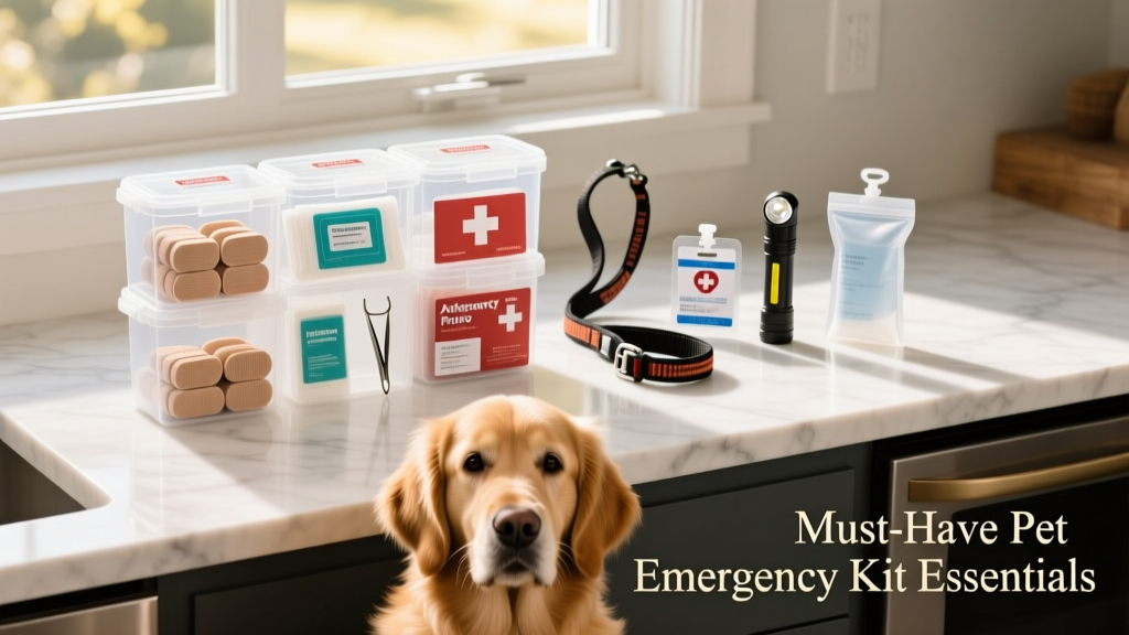 A well-organized pet emergency kit laid out on a clean surface with labeled containers, leashes, and medical supplies
