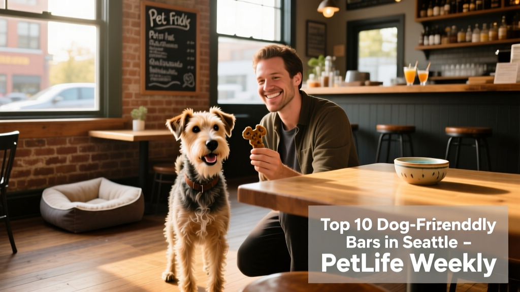 Wire-haired dog standing beside their human at a cozy, sunlit dog-friendly bar