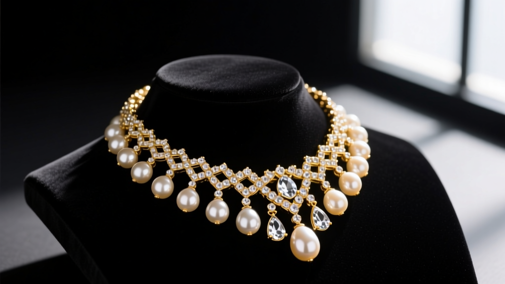 Close-up of a gold-plated Jennifer Miller statement necklace featuring faux glass pearls and crystal pavé on dark velvet display