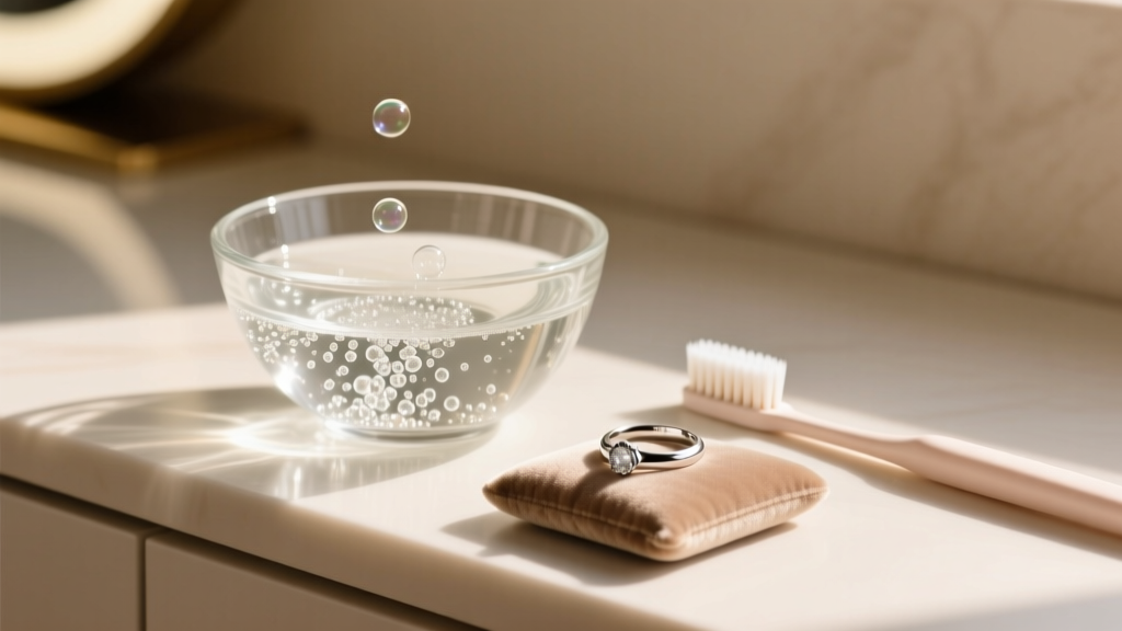 Sunlit vanity with a glass bowl of bubbly non-toxic jewelry cleaner beside a silver ring and a soft-bristled toothbrush.