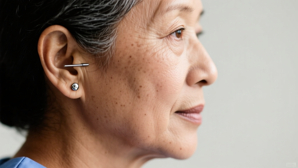 Side profile of a healthcare worker showing a properly fitted 4mm threadless titanium end resting flush against the earlobe
