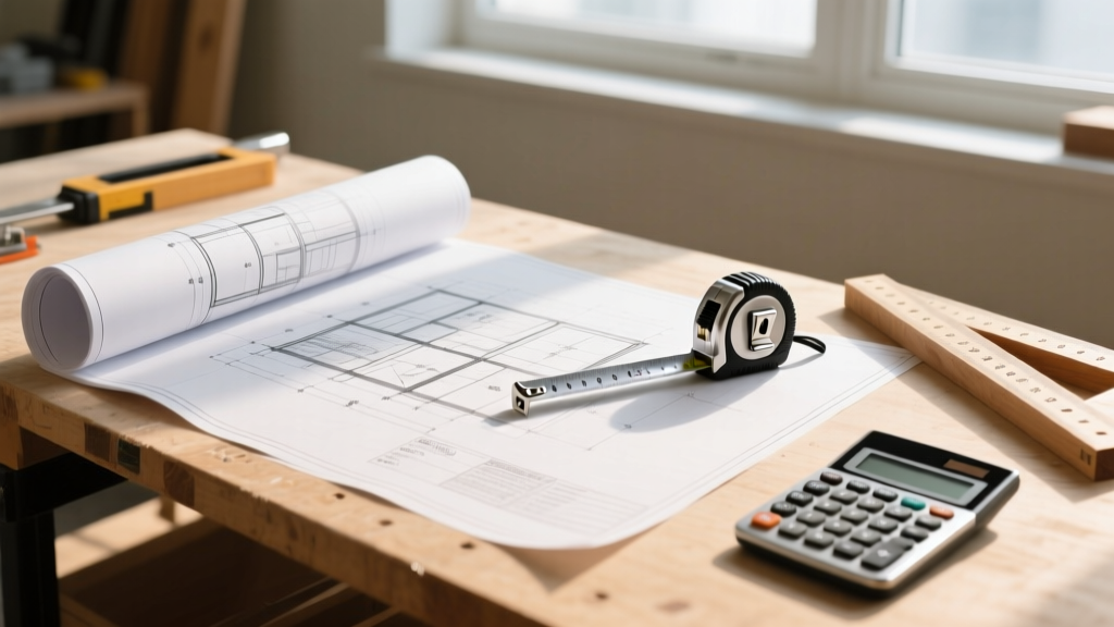 Architectural blueprints on a workbench next to a tape measure, framing square, and construction calculator in bright light