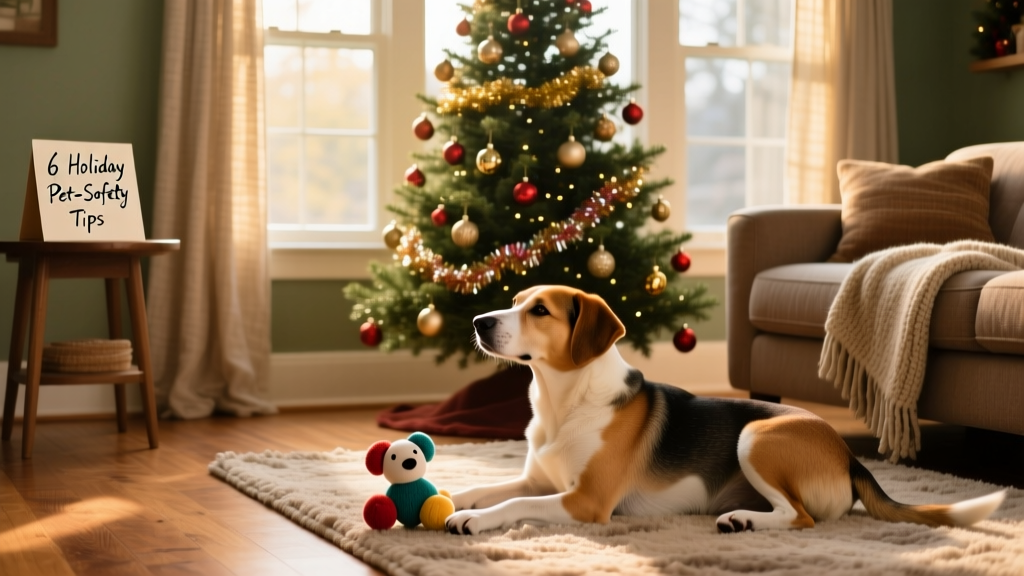A cozy living room with a decorated Christmas tree, pet-safe ornaments, and a calm dog resting nearby