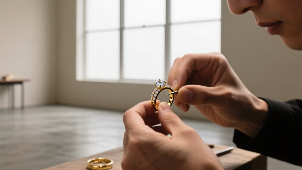Jeweler's hands holding a 10x loupe to inspect the nacre thickness and surface blemishes of a creamy white South Sea pearl strand.