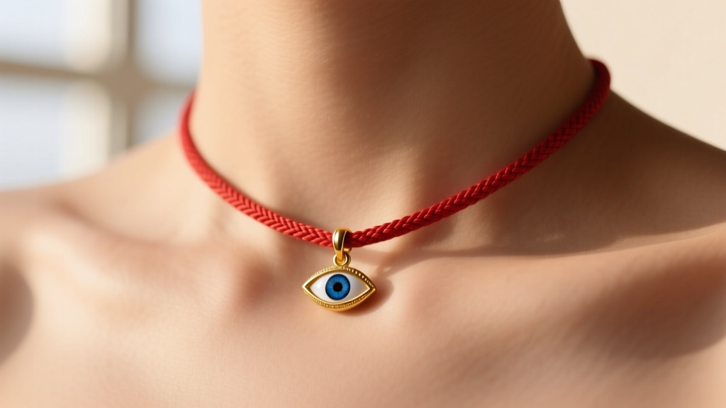 Close-up of a 1mm mercerized cotton red string necklace with a tiny 14k gold evil eye charm resting on a warm collarbone.