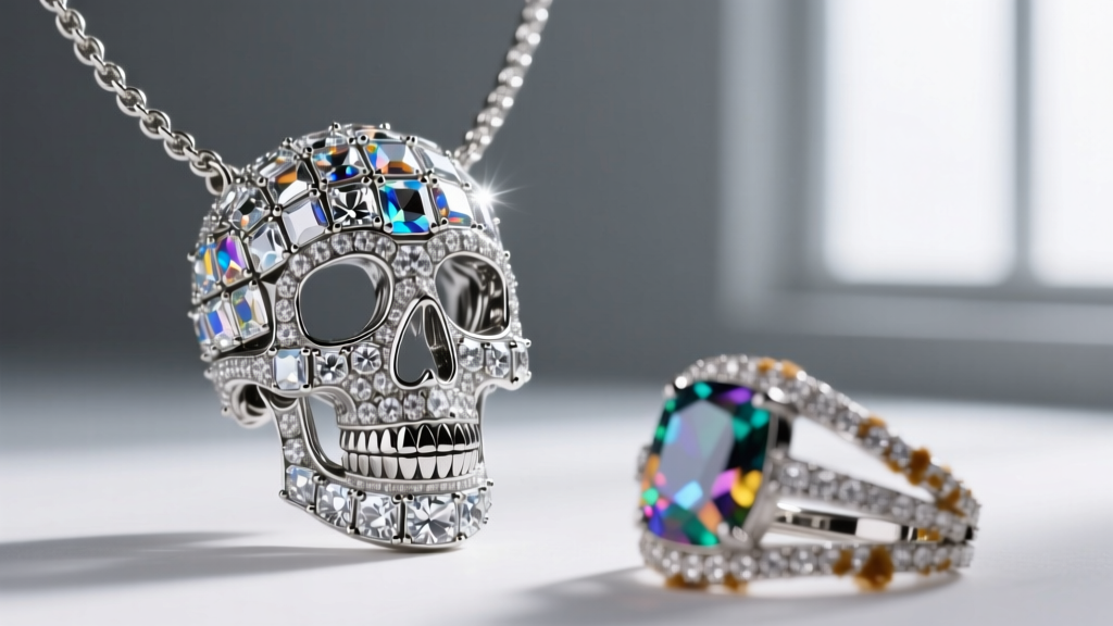 Close-up of a genuine McQueen pavé skull necklace with prong-set crystals beside a blurred fake showing messy glue residue