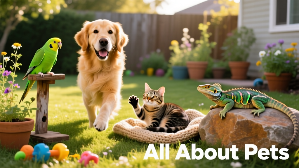 A diverse group of healthy pets: a golden retriever, a tabby cat, a parakeet on a perch, and a bearded dragon on a rock