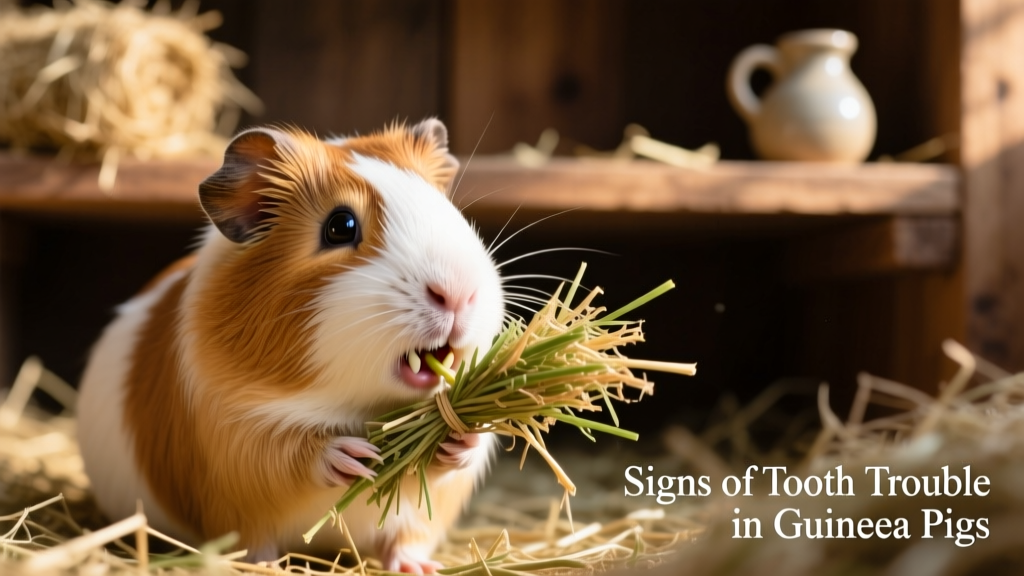 Close-up of a guinea pig gently chewing on fresh timothy hay