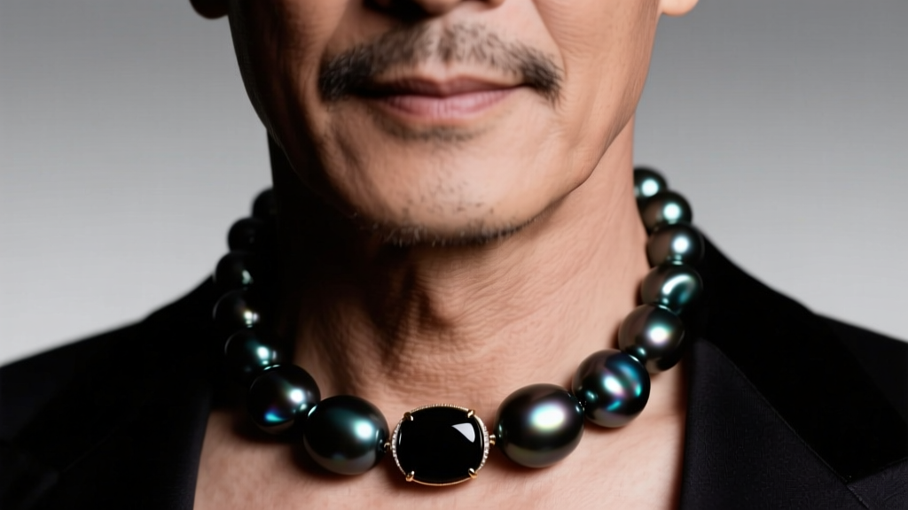 Close-up of a man wearing a strand of large dark Tahitian baroque pearls with a matte black onyx clasp, under soft studio lighting