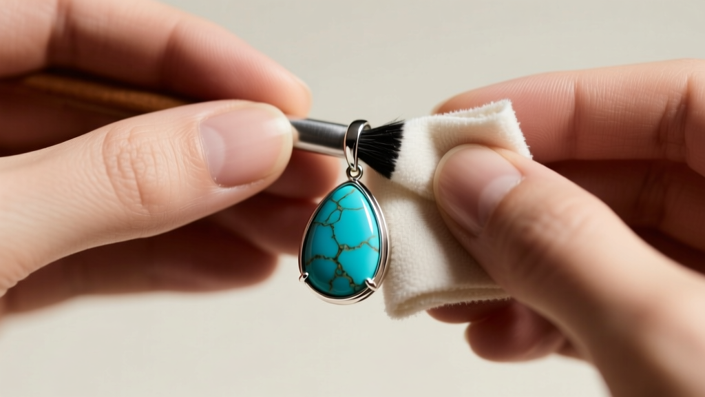 Hands using a polishing cloth to buff the silver bezel of a turquoise drop earring while carefully avoiding the porous stone