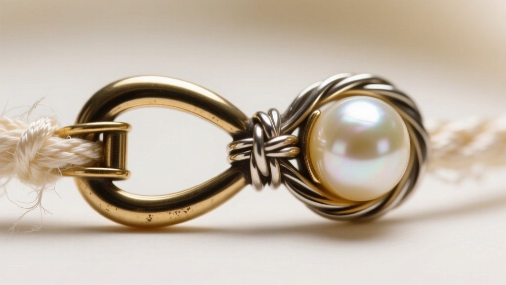 Macro shot of a vintage pearl clasp showing a figure-eight safety catch and French wire gimp protecting hand-knotted silk thread.