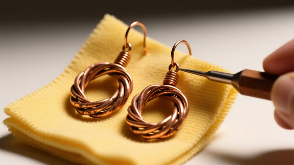 Tarnished copper wire earrings polished with a yellow cloth, revealing the bright shiny metal surface under warm studio lighting.