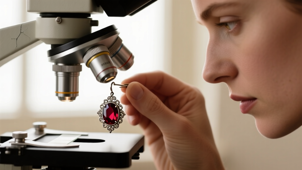 Jeweler examining Georgian foil-backed garnet drop earring under microscope to check for backing degradation and prong wear