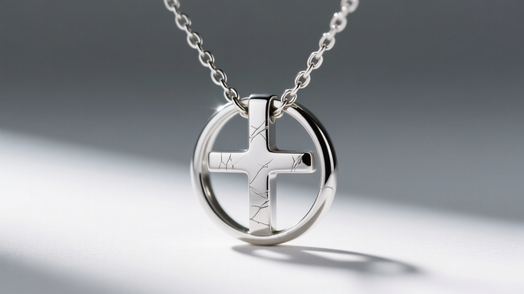 Loupe view of a worn silver jump ring on a small cross necklace, showing metal thinning from friction against a fine box chain.