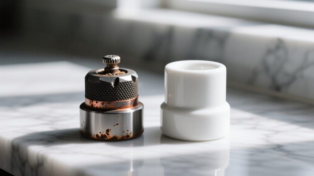 Macro comparison of a carbon steel spice grinder burr showing micro-corrosion next to a pristine white ceramic burr on marble