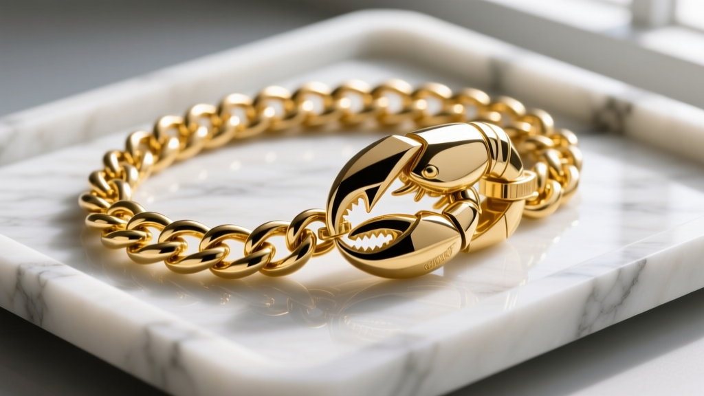 Macro photography of a heavy 18k yellow gold cigar link chain connecting to an oversized lobster clasp on a marble jewelry tray
