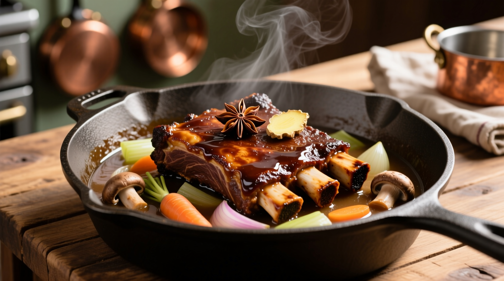 Perfectly braised beef short ribs in cast iron pot