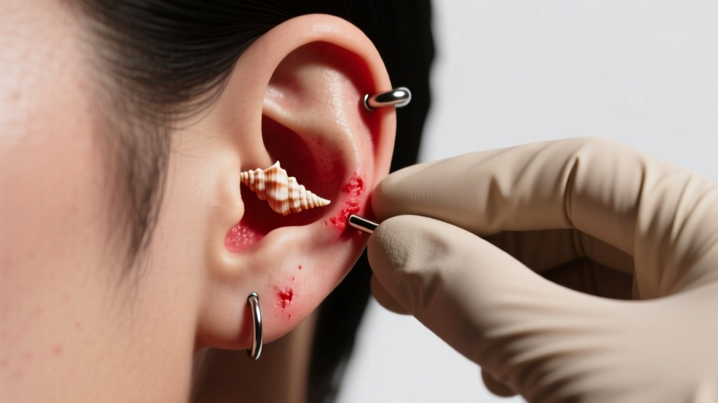Side profile of an ear showing an inflamed conch piercing, with visible redness and a gloved hand examining the irritated skin.