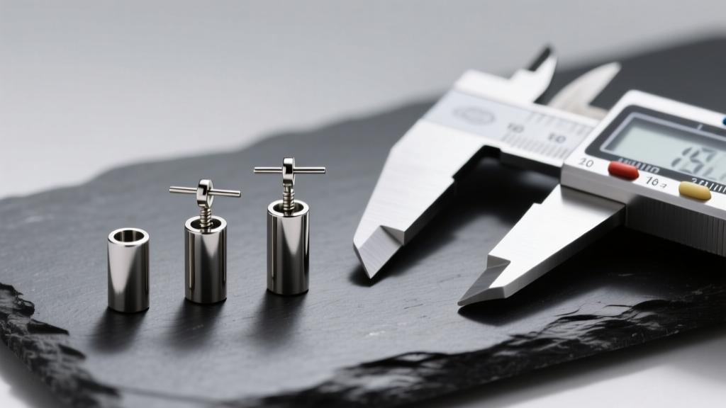 Macro shot of three titanium earring posts showing 20, 18, and 16-gauge thicknesses, laid on dark slate next to digital calipers