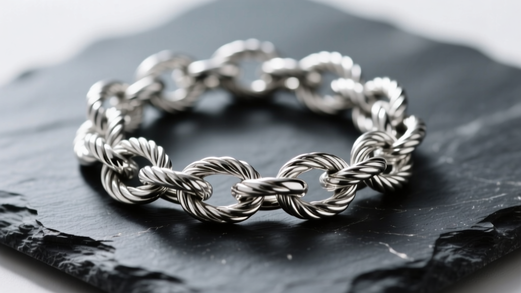 Macro photography of a tangled sterling silver rope chain resting on dark slate, highlighting the complex interlocking metal links