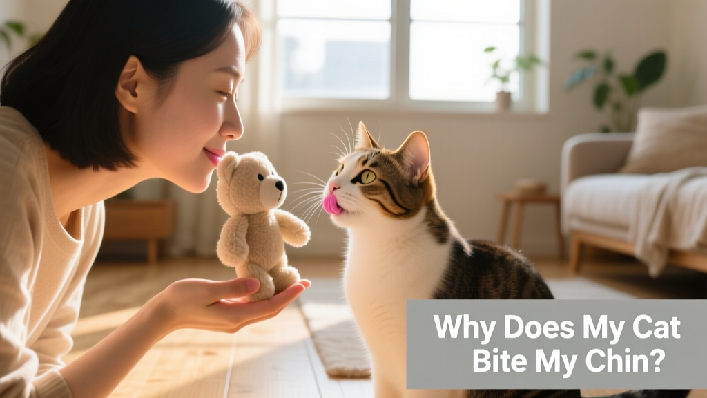 Person calmly offering a toy to a cat who had just nibbled their chin, reinforcing positive redirection