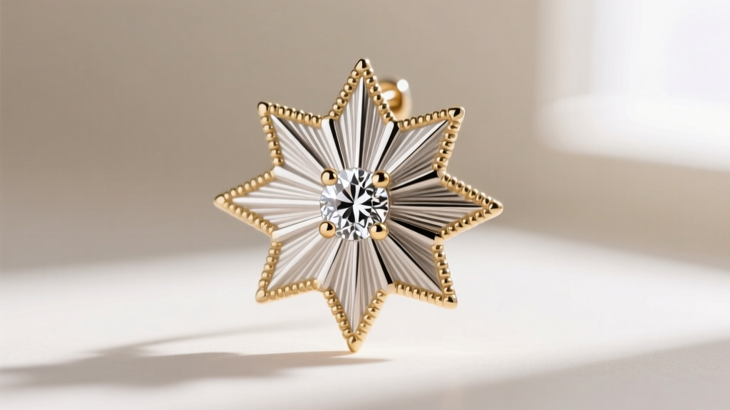 Macro shot of a 14k white gold sunburst earring highlighting milgrain rays and a micro-pave diamond center.