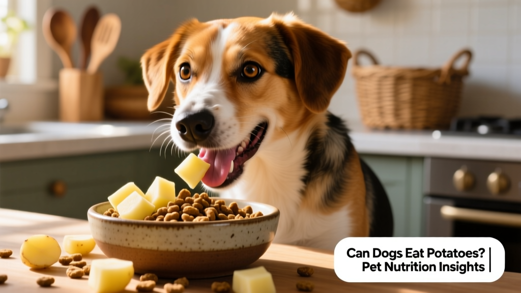 A dog happily eating plain boiled potato pieces mixed into a bowl of dry kibble