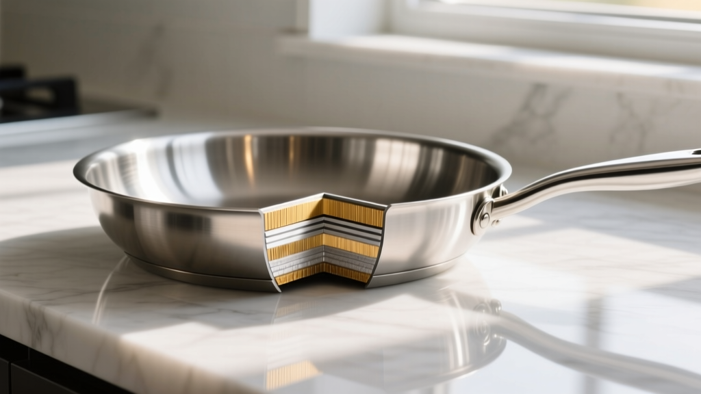 Close-up cross-section diagram of a 5-ply stainless steel pan showing alternating layers of aluminum and steel on a marble countertop