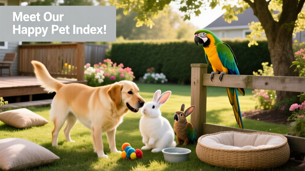 A diverse group of pets—a Labrador, a parrot, and a rabbit—enjoying a sunny backyard gathering