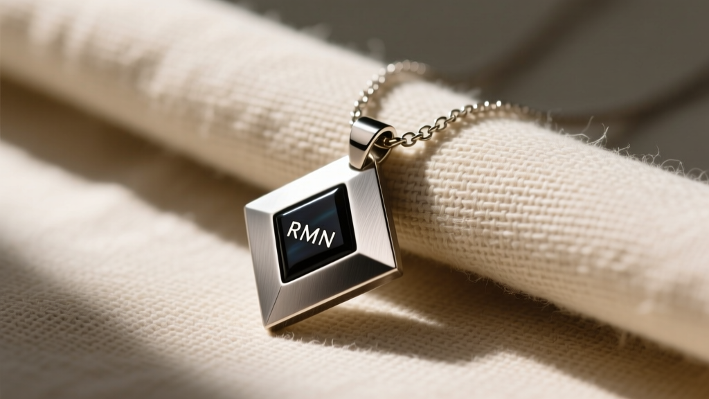Minimalist RMN necklace with a brushed titanium geometric pendant and dark resin inlay resting on textured beige linen fabric