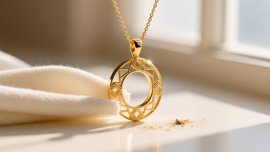 Soft microfiber cloth gently wiping a 12k gold-plated pendant necklace to remove light tarnish under bright natural window light