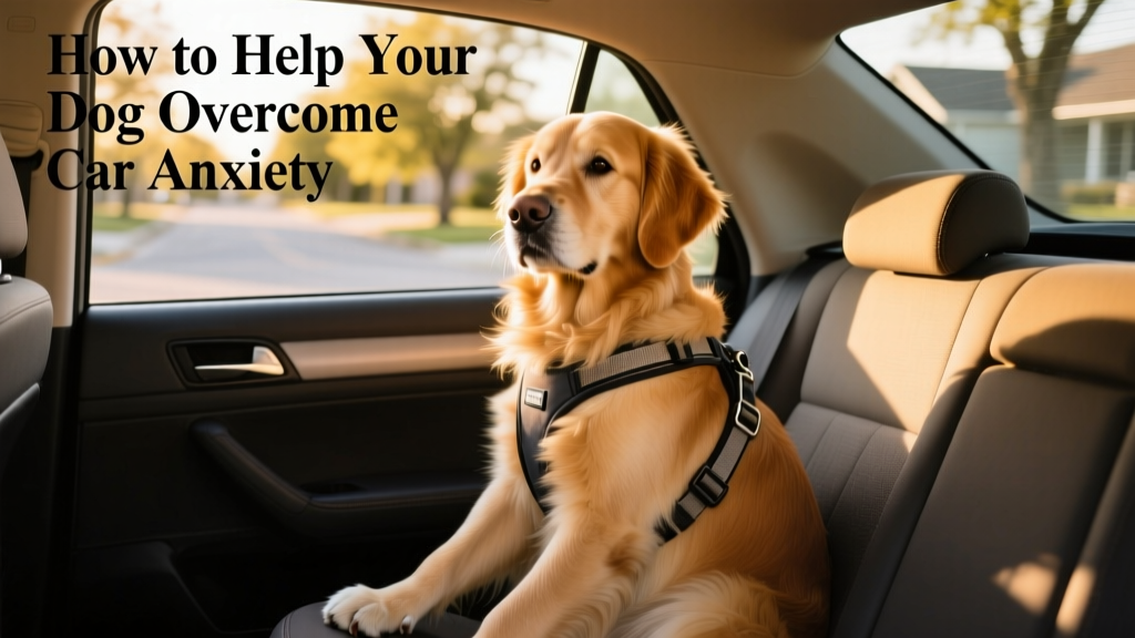 A calm, confident dog sitting comfortably in the back seat of a car with a harness and window slightly open