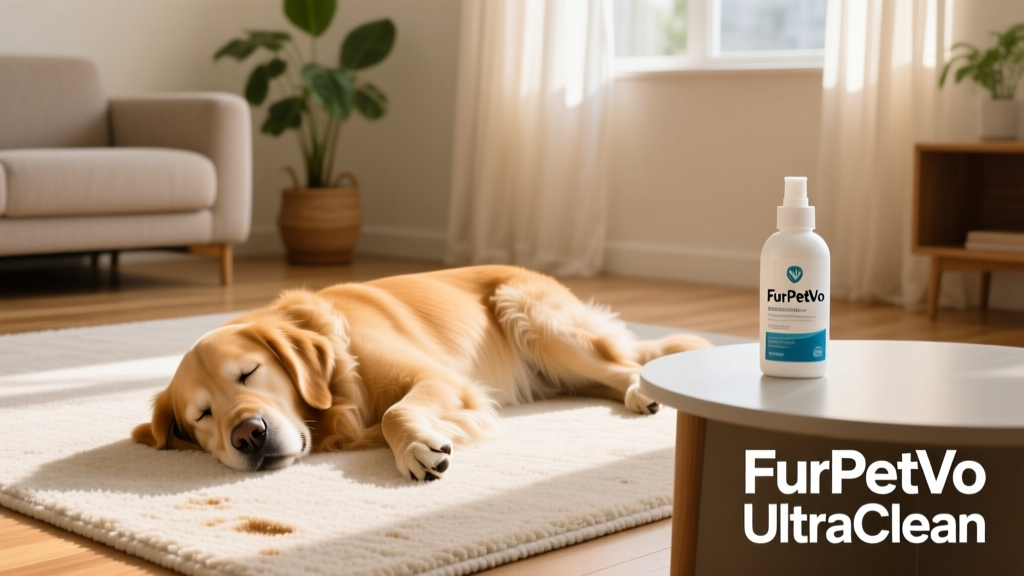Happy dog resting peacefully on a freshly cleaned, odor-free carpet, with FurPetVo bottle visible nearby on a side table